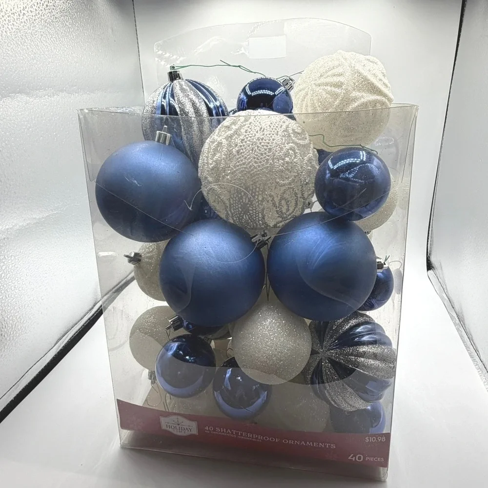 Holiday Time Shatterproof Christmas Ornaments 40ct Blue White Silver